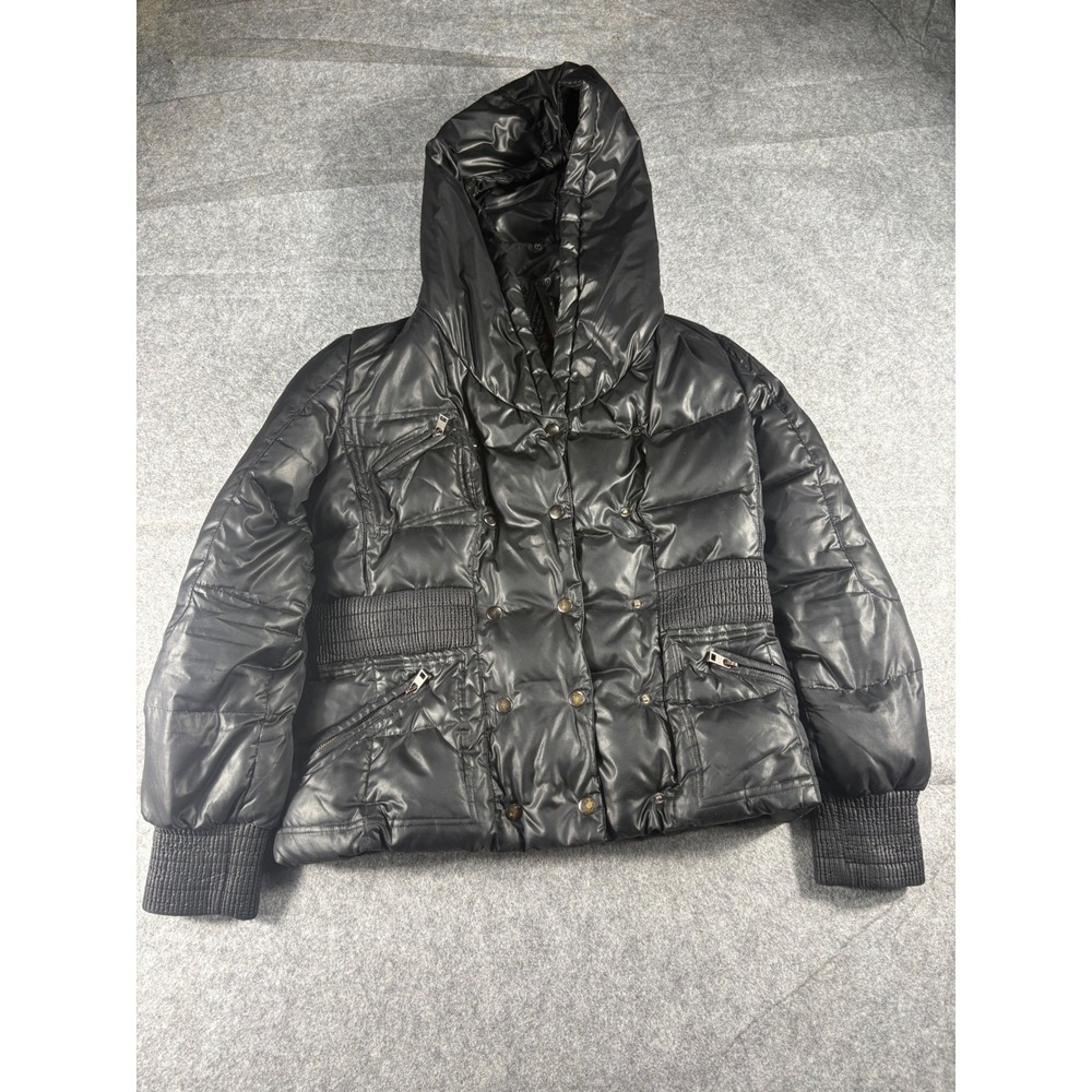 7 For All Mankind‎ Black Down Filled Hooded Puffer Jacket Genuine Rabbit Sz M